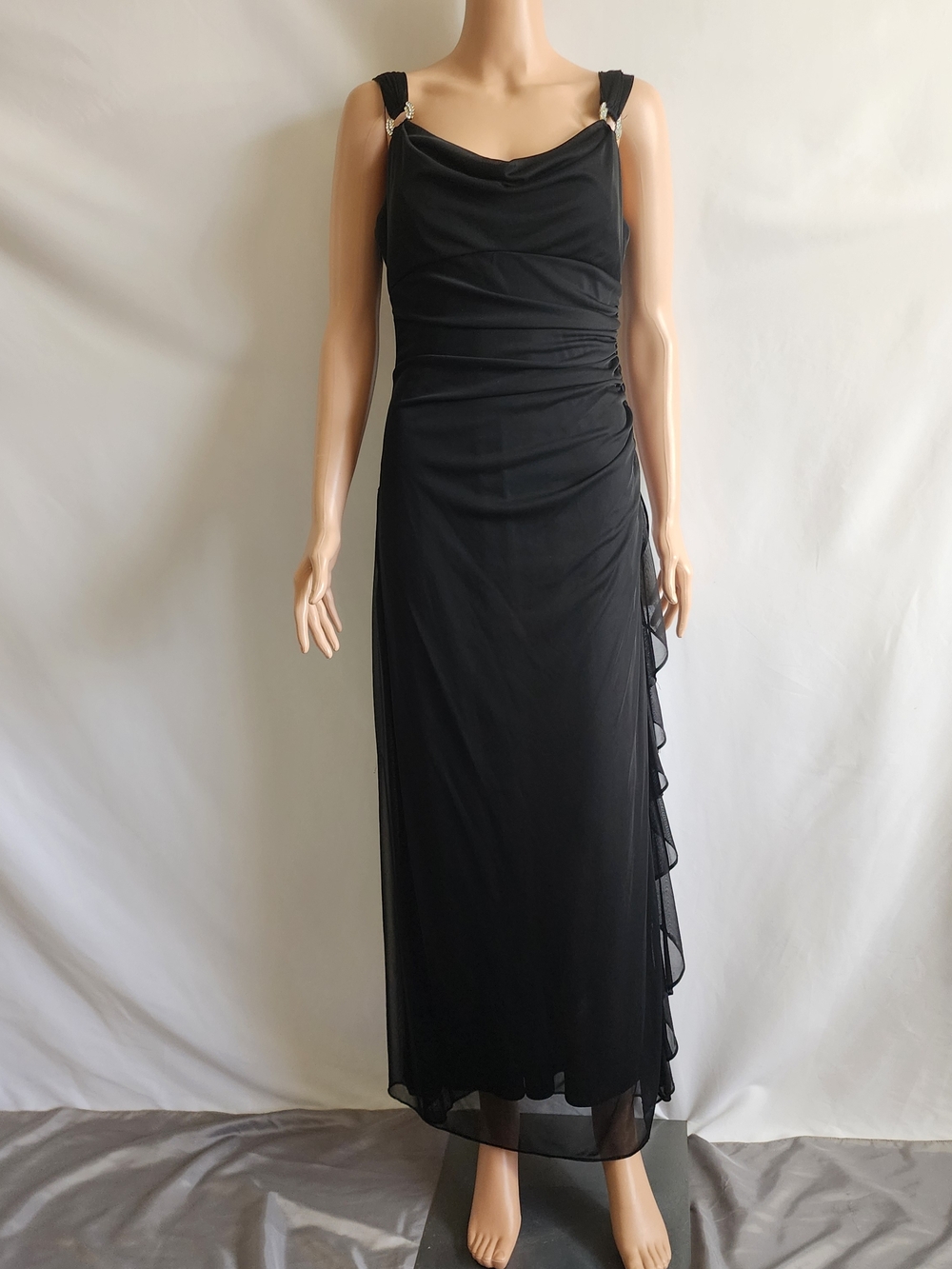 Betsy & Adam Black Sleeveless Maxi Gown with Draped Side Ruffle Size 12P